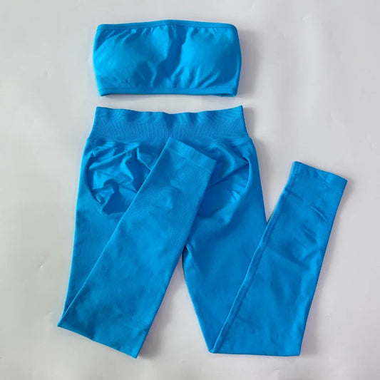 No Logo 2 Pieces Sports Set Woman Backless Bandeau Sports Bra Scrunch Leggings Yoga Clothing Workout Clothes Outfits Gym Set
