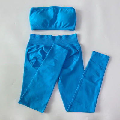 No Logo 2 Pieces Sports Set Woman Backless Bandeau Sports Bra Scrunch Leggings Yoga Clothing Workout Clothes Outfits Gym Set