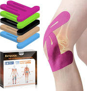 PreCut Kinesiology Tape for Knees, 12 PCS Waterproof KTQUICK Knee Tape for Knee Pain Relief Pre Cut, Original Cotton Athletic Knee Tape, Waterproof & Hypoallergenic Latex-Free for Sports (Black)