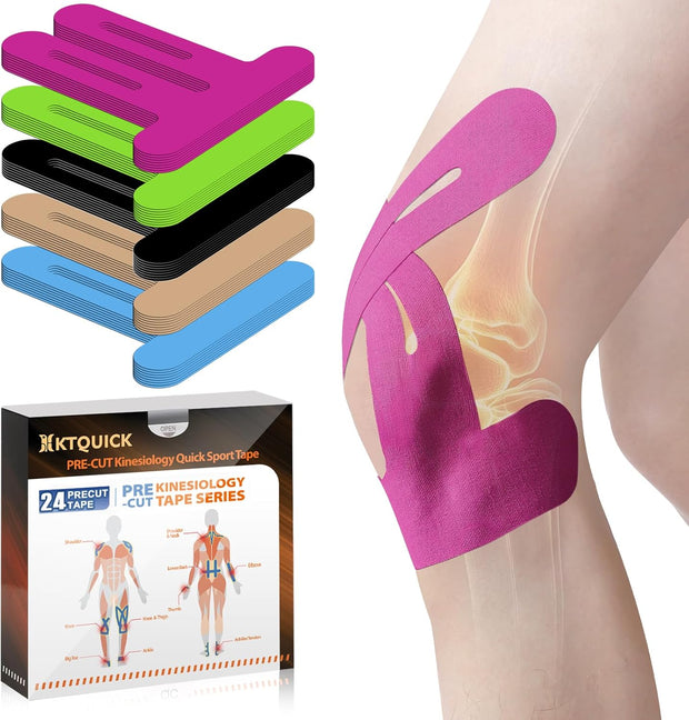 PreCut Kinesiology Tape for Knees, 12 PCS Waterproof KTQUICK Knee Tape for Knee Pain Relief Pre Cut, Original Cotton Athletic Knee Tape, Waterproof & Hypoallergenic Latex-Free for Sports (Black)