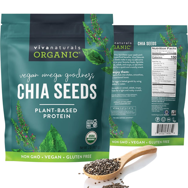 Viva Naturals Organic Chia Seeds 2 LBs - Plant-Based Omega-3 and Vegan Protein, Non-GMO Chia Seeds Organic Perfect for Smoothies, Salads and Chia Seed Pudding, Black Chia Seeds Bulk