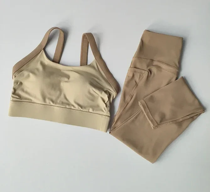 High Intensity Color Blocking Cross Back Integrated Yoga Set 2PCS Sports Underwear High Waist and Hip Lifting Fitness Leggings