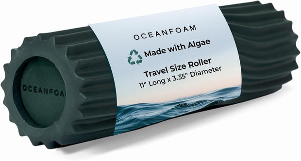 Oceanfoam Ripple Travel Foam Roller (11" x 3.35") Firm Mini Foam Roller for Physical Therapy, Deep Tissue Massage, Back Pain - High Density, Ergonomic Wave Textured - Yoga, Exercise (Black Marbled)