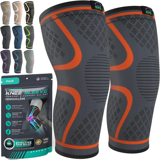 Modvel Compression Knee Brace for Women & Men, 2-Pack Knee Brace for Running Knee Pain, Knee Support Compression Sleeve, Workout Sports Knee Braces for Meniscus Tear, ACL & Arthritis Pain Relief
