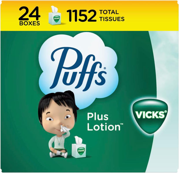 Puffs Plus Lotion with Vicks Facial Tissues, 4 Cubes, 48 Tissues per Box (192 Tissues)