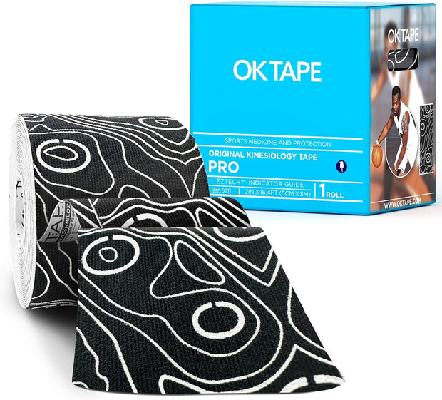 OK TAPE PRO Kinesiology Tape Uncut Roll, Elastic Physical Therapy Athletic Tape for Pain Relief, Muscle Support, Kinetic Tape, Water Resistant, 2in X 16.4ft -Black Gray 2 Rolls