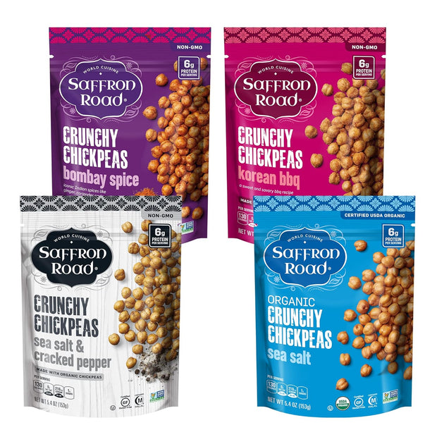 Saffron Road Roasted and Crunchy Sea Salt and Cracked Pepper Chickpeas | High Protein Snacks | Gluten-free, Vegan, Non-GMO, and Certified Halal and Kosher | 5.4oz Pouch | Pack of 6