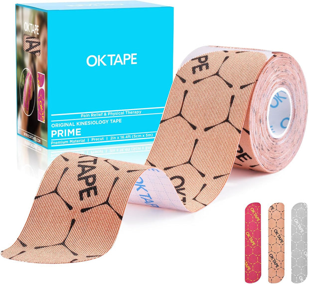 OK TAPE Synthetic Kinesiology Tape Precut Strips, Waterproof Kinesiology Athletic Tape for Joint & Muscle Support, Reflective and Durable Tape, 2in×16.4ft Roll 20PCS | Beige