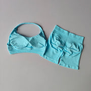 Sexy Halter Neck Beautiful Back High Waist Peach Sports Bras Shorts Suit Pilates Gathering Yoga Vest Training Fitness Bra Sets