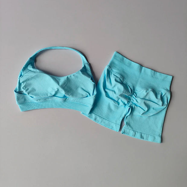 Sexy Halter Neck Beautiful Back High Waist Peach Sports Bras Shorts Suit Pilates Gathering Yoga Vest Training Fitness Bra Sets