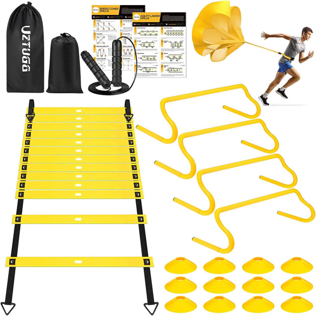 Soccer Training Equipment, Speed Agility Training Equipment for Kids Youth Adults, 20ft Agility Ladder, 4 Hurdles, Jump Rope, 12 Soccer Cones, Running Parachute, Football Training Equipment