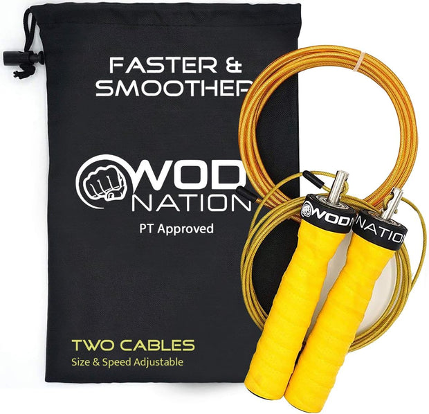 WOD Nation Attack Speed Jump Rope : Adjustable Jumping Ropes : Unique Two Cable Skipping Workout System : One Thick and One Light 11 Foot Cable : Perfect for Double Unders : Men and Women