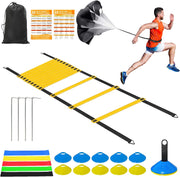Speed Agility Training Equipment Set - 20ft Agility Ladder, 10 Disc Cones, Resistance Parachute, 5 Resistance Bands & Carry Bag | Football Soccer Basketball Fitness Drills for Kids Adults
