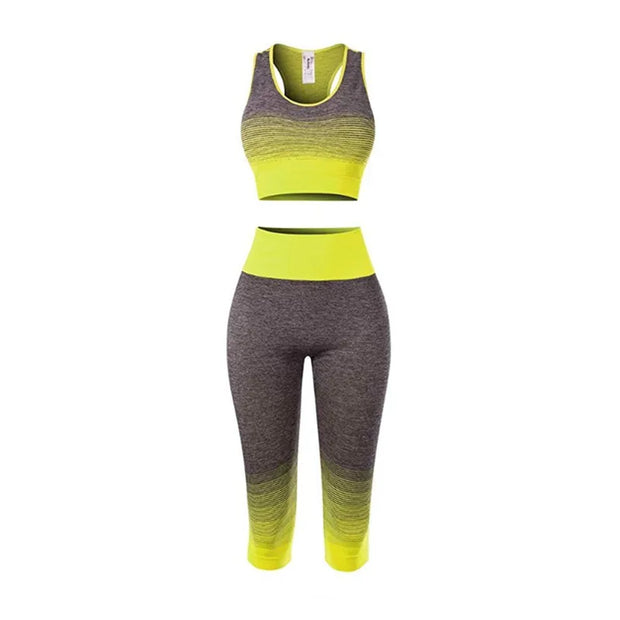 Women's Super Elastic Seamless Gradual Change of Color Sports Bra Cropped Pants Fitness Suit Yoga Suit Set