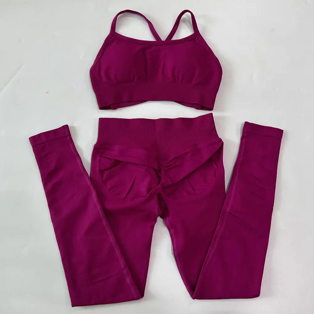 No Logo Seamless Yoga Set 2 Pieces Women Workout Set Scrunch Leggings Backless Sports Bra Fitness Top Gym Pants Clothes