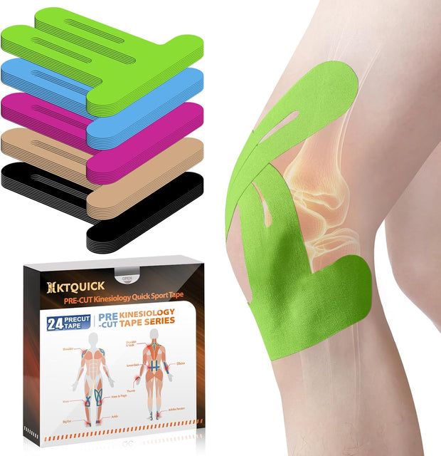 PreCut Kinesiology Tape for Knees, 12 PCS Waterproof KTQUICK Knee Tape for Knee Pain Relief Pre Cut, Original Cotton Athletic Knee Tape, Waterproof & Hypoallergenic Latex-Free for Sports (Black)