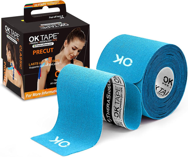 OK TAPE Kinesiology Tape 10 inches Precut, 20 Strips, Cotton Elastic Athletic Tape Latex Free, 2in x 16ft, Black