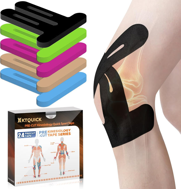PreCut Kinesiology Tape for Knees, 12 PCS Waterproof KTQUICK Knee Tape for Knee Pain Relief Pre Cut, Original Cotton Athletic Knee Tape, Waterproof & Hypoallergenic Latex-Free for Sports (Black)