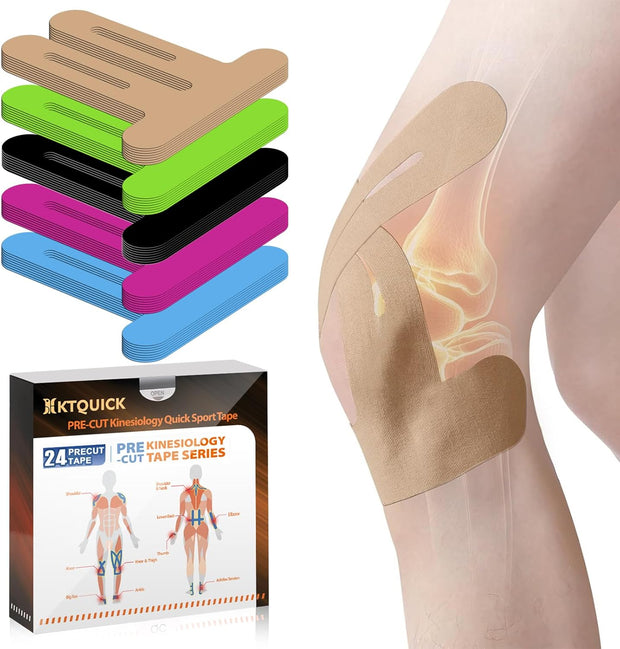PreCut Kinesiology Tape for Knees, 12 PCS Waterproof KTQUICK Knee Tape for Knee Pain Relief Pre Cut, Original Cotton Athletic Knee Tape, Waterproof & Hypoallergenic Latex-Free for Sports (Black)