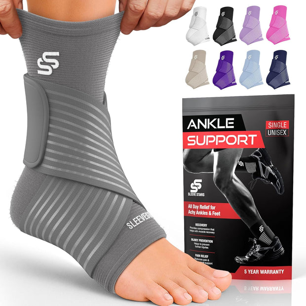 Sleeve Stars Ankle Brace for Women & Men, Ankle Wrap for Sprain, Compression Sleeve for Plantar Fasciitis Relief, Easy Customizable Support: w/ Removable Strap (Single/M:10"-12"/Black)