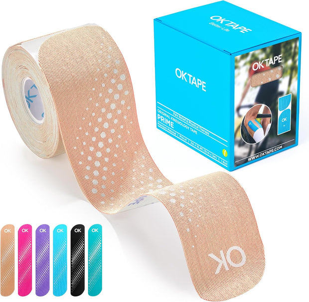 OK TAPE Synthetic Kinesiology Tape Precut Strips, Waterproof Kinesiology Athletic Tape for Joint & Muscle Support, Reflective and Durable Tape, 2in×16.4ft Roll 20PCS | Beige