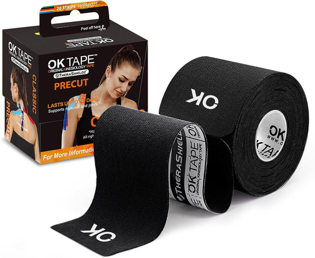 OK TAPE Kinesiology Tape 10 inches Precut, 20 Strips, Cotton Elastic Athletic Tape Latex Free, 2in x 16ft, Black