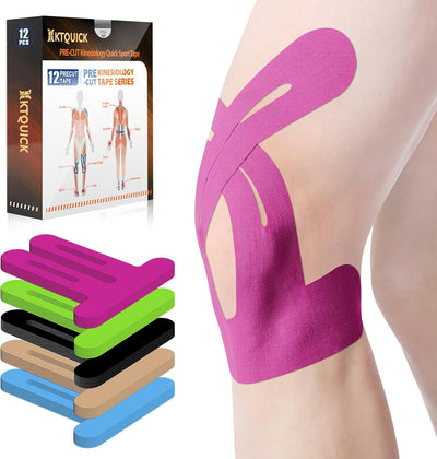 PreCut Kinesiology Tape for Knees, 12 PCS Waterproof KTQUICK Knee Tape for Knee Pain Relief Pre Cut, Original Cotton Athletic Knee Tape, Waterproof & Hypoallergenic Latex-Free for Sports (Black)