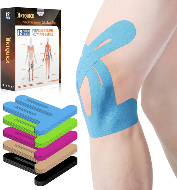 PreCut Kinesiology Tape for Knees, 12 PCS Waterproof KTQUICK Knee Tape for Knee Pain Relief Pre Cut, Original Cotton Athletic Knee Tape, Waterproof & Hypoallergenic Latex-Free for Sports (Black)