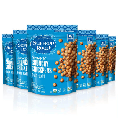 Saffron Road Roasted and Crunchy Sea Salt and Cracked Pepper Chickpeas | High Protein Snacks | Gluten-free, Vegan, Non-GMO, and Certified Halal and Kosher | 5.4oz Pouch | Pack of 6