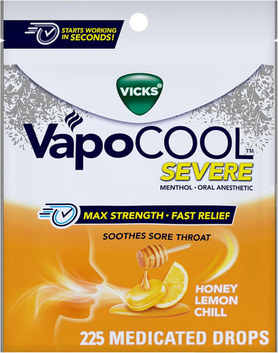 Vicks VapoCOOL SEVERE Medicated Sore Throat Drops, Fast-Acting Max Strength Relief, Soothes Sore Throat Caused by Cough, Powerful Vicks Vapors, Menthol, Honey Lemon Chill, 225 Total (5 Packs of 45)
