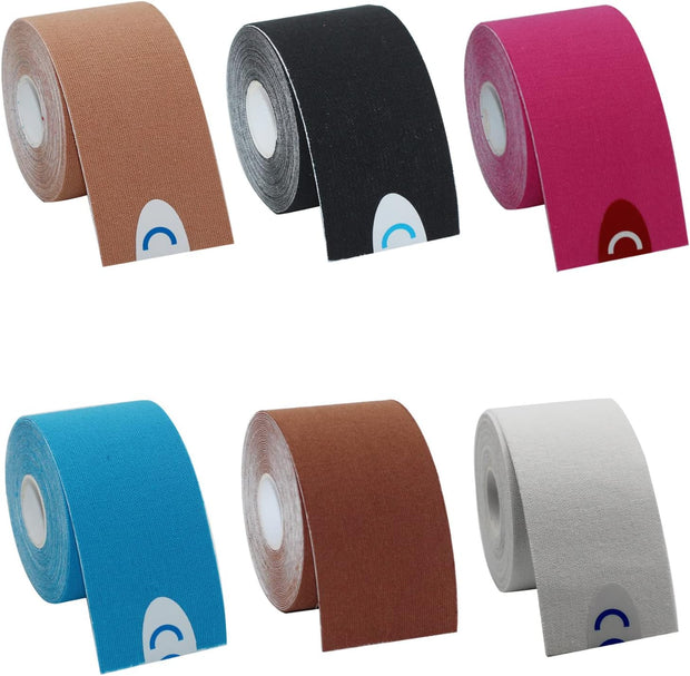 OBTANIM 4 Rolls Waterproof Breathable Kinesiology Tape, Athletic Elastic Kneepad Muscle Pain Relief Knee Taping for Gym Fitness Running Tennis Swimming Football (Black, Skin, Pink, Light Blue)