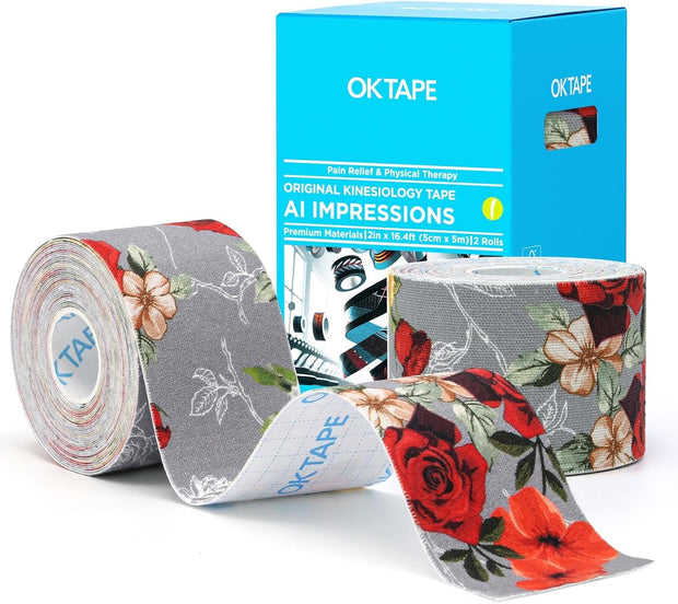 OK TAPE Patterned Kinesiology Tape, Elastic Physical Therapy Athletic Tape for Pain Relief & Muscle Support, Uncut Kinetic Tape, 2in x 16.4ft- 2 Rolls (Pyramid)
