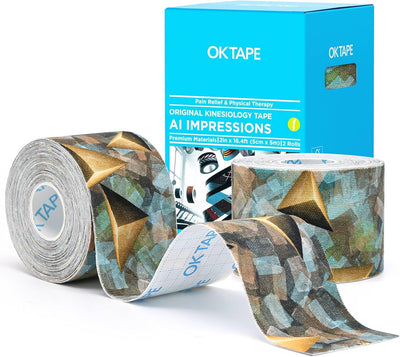 OK TAPE Patterned Kinesiology Tape, Elastic Physical Therapy Athletic Tape for Pain Relief & Muscle Support, Uncut Kinetic Tape, 2in x 16.4ft- 2 Rolls (Pyramid)