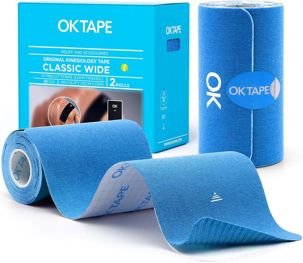 OK TAPE Extra Wide Kinesiology Tape, Precut K Tape Strips, Elastic Physical Therapy Athletic Tape for Pain Relief & Joint Support | Back, Shoulder, Knee (4" x 10" - 10Pcs) Beige