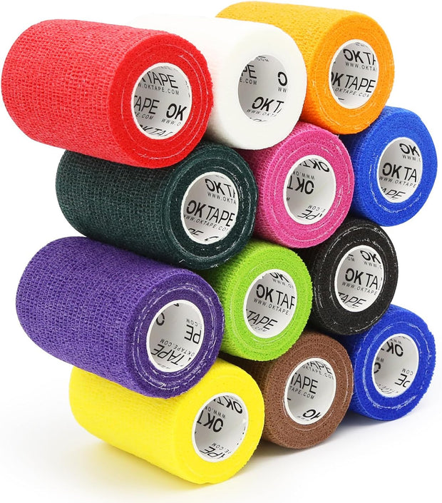 OK TAPE Self Adherent Cohesive Bandages Wrap - 12Packs, 2" x 5 Yards, Non-Woven Self Adhesive Bandage Wrap for Thumb, Finger, Wrist, Ankle, Vet Wrap Bandages Tape (Mixed Colors)