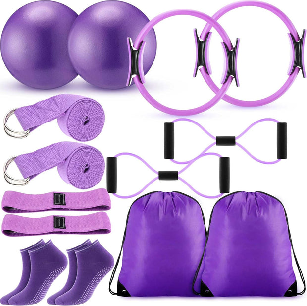 Poen Home Pilates Kit for Women Pilates Equipment Ring and Ball Set with Stretching Strap 8 Resistance Bands Non Slip Socks Gym Back Bags Exercise Equipment for Workout