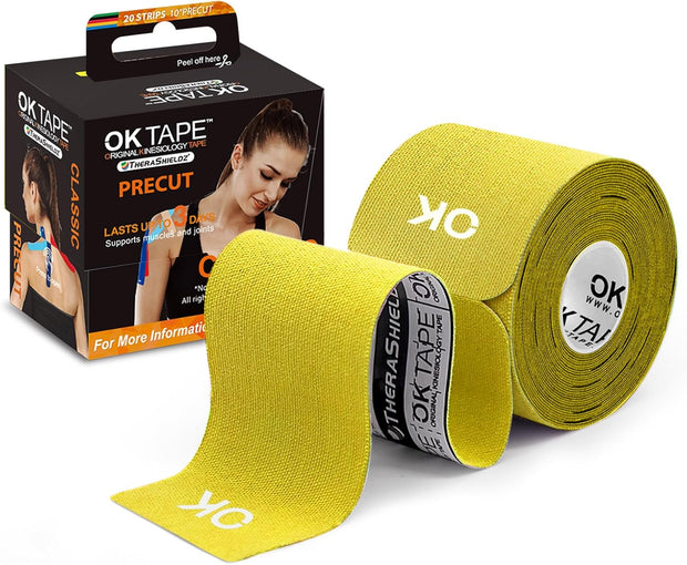 OK TAPE Kinesiology Tape 10 inches Precut, 20 Strips, Cotton Elastic Athletic Tape Latex Free, 2in x 16ft, Black
