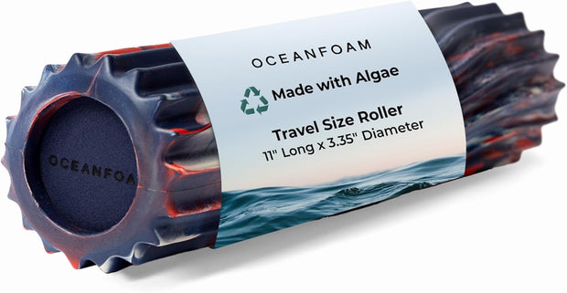 Oceanfoam Ripple Travel Foam Roller (11" x 3.35") Firm Mini Foam Roller for Physical Therapy, Deep Tissue Massage, Back Pain - High Density, Ergonomic Wave Textured - Yoga, Exercise (Black Marbled)