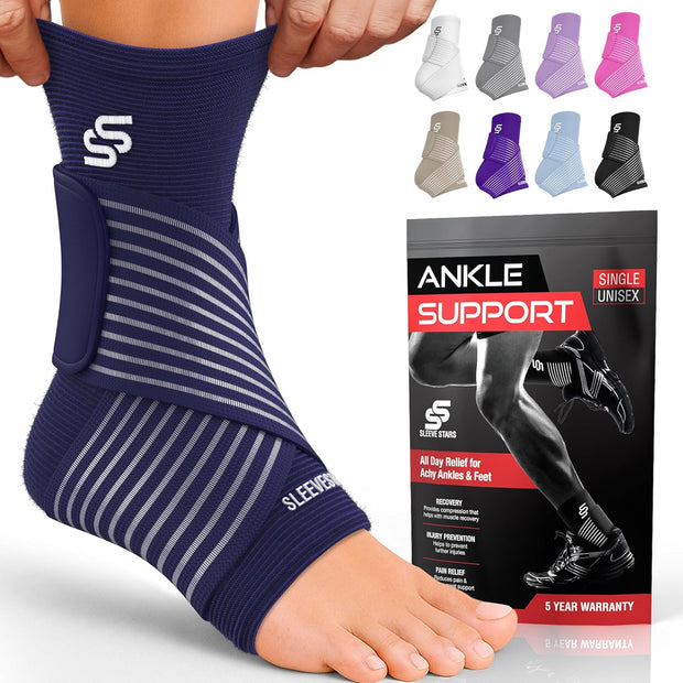 Sleeve Stars Ankle Brace for Women & Men, Ankle Wrap for Sprain, Compression Sleeve for Plantar Fasciitis Relief, Easy Customizable Support: w/ Removable Strap (Single/M:10"-12"/Black)