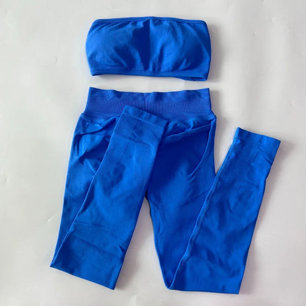 No Logo 2 Pieces Sports Set Woman Backless Bandeau Sports Bra Scrunch Leggings Yoga Clothing Workout Clothes Outfits Gym Set