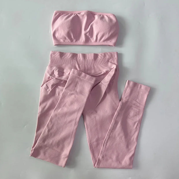 No Logo 2 Pieces Sports Set Woman Backless Bandeau Sports Bra Scrunch Leggings Yoga Clothing Workout Clothes Outfits Gym Set