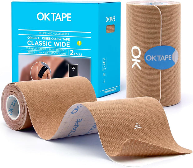 OK TAPE Extra Wide Kinesiology Tape, Precut K Tape Strips, Elastic Physical Therapy Athletic Tape for Pain Relief & Joint Support | Back, Shoulder, Knee (4" x 10" - 10Pcs) Beige