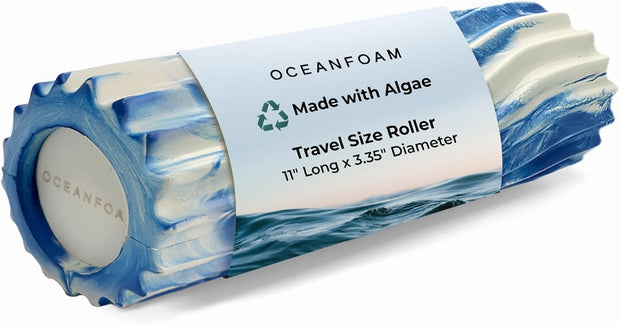 Oceanfoam Ripple Travel Foam Roller (11" x 3.35") Firm Mini Foam Roller for Physical Therapy, Deep Tissue Massage, Back Pain - High Density, Ergonomic Wave Textured - Yoga, Exercise (Black Marbled)