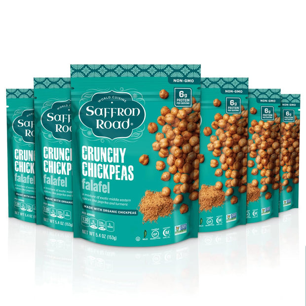Saffron Road Roasted and Crunchy Sea Salt and Cracked Pepper Chickpeas | High Protein Snacks | Gluten-free, Vegan, Non-GMO, and Certified Halal and Kosher | 5.4oz Pouch | Pack of 6