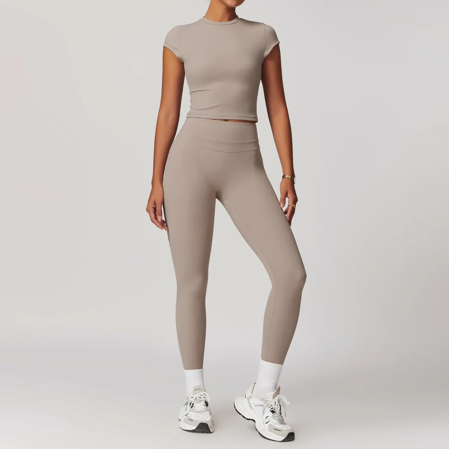 mikeyoga 2PCS Yoga Set Women Sportswear Workout Clothes Athletic Wear Gym Legging Fitness Bra Crop Top Short Sleeves Sports Suit