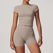 mikeyoga 2PCS Yoga Set Women Sportswear Workout Clothes Athletic Wear Gym Legging Fitness Bra Crop Top Short Sleeves Sports Suit