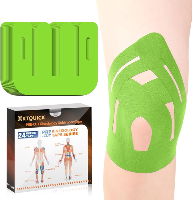 PreCut Kinesiology Tape for Knees, 12PCS Upgraded Waterproof KTQUICK Knee Tape for Knee Pain Relief Pre Cut, Original Cotton Athletic Knee Tape, Waterproof&Hypoallergenic Latex-Free for Sports (Black)
