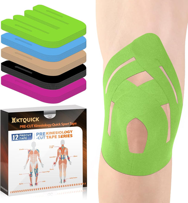 PreCut Kinesiology Tape for Knees, 12PCS Upgraded Waterproof KTQUICK Knee Tape for Knee Pain Relief Pre Cut, Original Cotton Athletic Knee Tape, Waterproof&Hypoallergenic Latex-Free for Sports (Black)