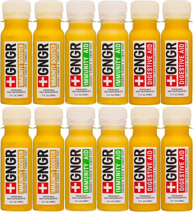 +GNGR Immunity Booster Organic Ginger and Turmeric Shot - Cold Pressed Ginger Shots with Turmeric, Cayenne Pepper, Orange, Lemon for All Natural Immune & Digestive Support (2 Oz, Pack of 12)