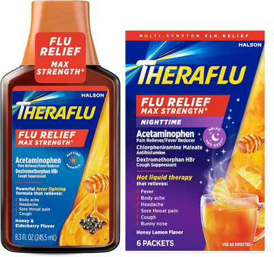 Theraflu Max Strength Daytime Flu Symptom Relief, Honey and Elderberry Syrup, 8.3 Fl Oz and Nighttime Flu Symptom Relief, Honey Lemon Flavor - 6 Count